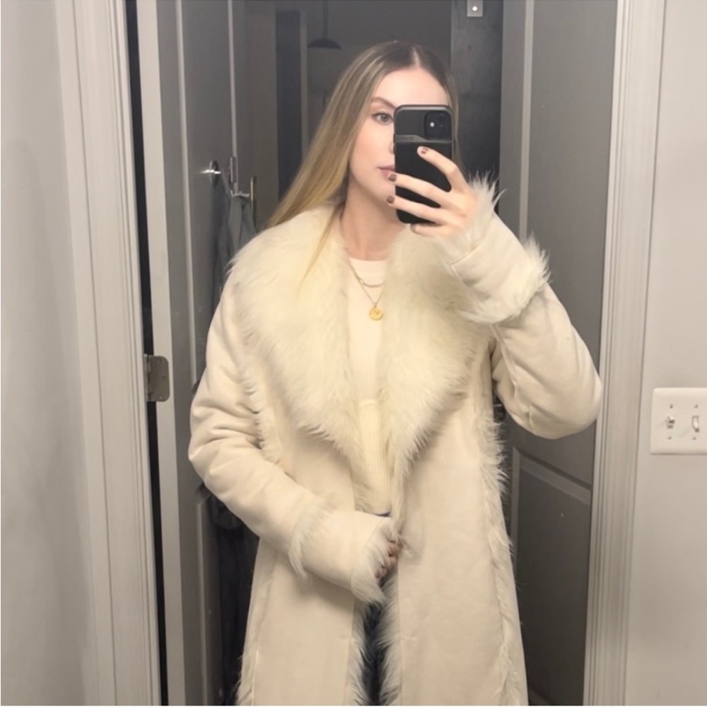 Vintage Y2K 90s BEBE maxi length white faux fur trim suede coat